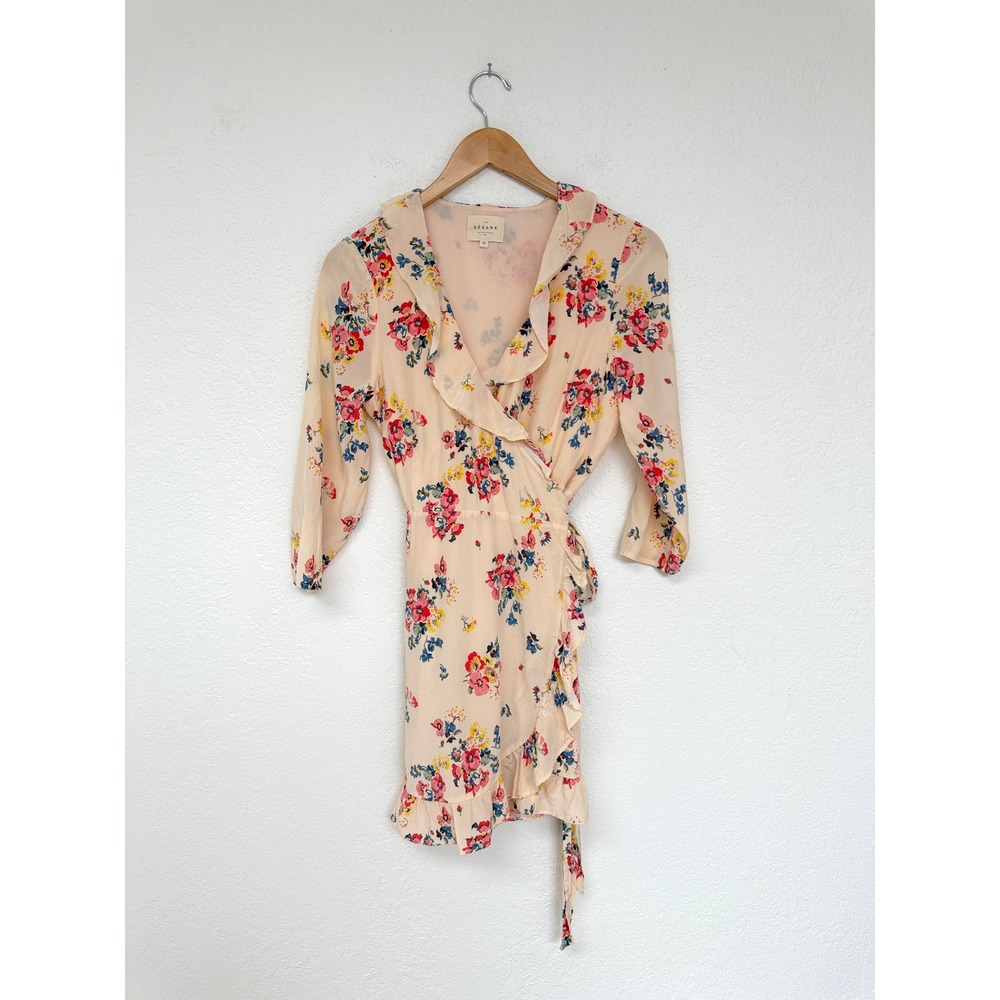 SEZANE Asianne Floral Ruffle Wrap Dress Peach Silk Romantic Chic Size 36 US 4